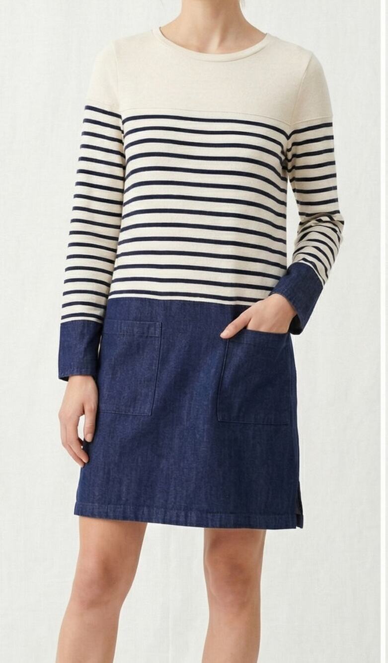 Stevie Hender June Denim Stripe Dress S Cotton Long Sleeve Cream Blue